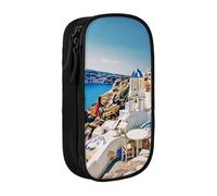 JKSEEPYN Santorini Greek Island sea View Printed Double-Layer Pencil Case, Black Large Capacity Cute Pen Pencil Pouch for School, Office, Travel, or Makeup Organizer