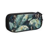 JKSEEPYN Sea Animals Calf Printed Pencil Pen Case Black Makeup Organizer, Double-Layer Zippered Pouch with Pen Slots and Pockets for Office, Travel, or School