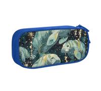 JKSEEPYN Sea Animals Calf Printed Pencil Pen Case Blue Makeup Organizer, Double-Layer Zippered Pouch with Pen Slots and Pockets for Office, Travel, or School
