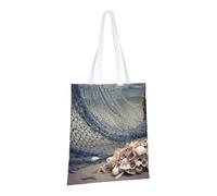 JKSEEPYN Sea Shell Fishing Net Printed Reusable Canvas Tote Bag Shopping Bags Washable Shoulder Grocery Tote Bags Daily Utility bag