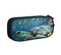 JKSEEPYN Sea Turtle with Fishes Printed Pencil Pen Case Black Makeup Organizer, Double-Layer Zippered Pouch with Pen Slots and Pockets for Office, Travel, or School