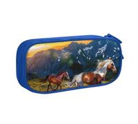 JKSEEPYN Shocking Running Horse Printed Pencil Pen Case Blue Makeup Organizer, Double-Layer Zippered Pouch with Pen Slots and Pockets for Office, Travel, or School
