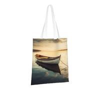 JKSEEPYN Small Boat on The Water Printed Reusable Canvas Tote Bag Shopping Bags Washable Shoulder Grocery Tote Bags Daily Utility bag