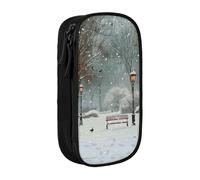 JKSEEPYN Snow Falling in The Park Printed Double-Layer Pencil Case, Black Large Capacity Cute Pen Pencil Pouch for School, Office, Travel, or Makeup Organizer