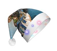 JKSEEPYN Spain Water City Printed Adult Plush Christmas Hat LED Light Up Santa Hat for Xmas New Year Party