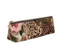 JKSEEPYN Striped Rose and Leopard Printed Pencil Case for Students Girls Boys - Triangle PVC Leather Stationery Organizer Makeup Pouch for School Office Travel