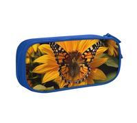 JKSEEPYN Sunflower Butterfly Printed Pencil Pen Case Blue Makeup Organizer, Double-Layer Zippered Pouch with Pen Slots and Pockets for Office, Travel, or School