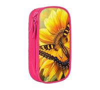 JKSEEPYN Sunflower Butterfly Sunny Printed Double-Layer Pencil Case, Pink Large Capacity Cute Pen Pencil Pouch for School, Office, Travel, or Makeup Organizer