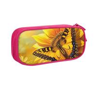 JKSEEPYN Sunflower Butterfly Sunny Printed Pencil Pen Case Pink Makeup Organizer, Double-Layer Zippered Pouch with Pen Slots and Pockets for Office, Travel, or School