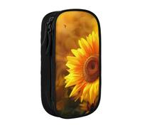 JKSEEPYN Sunny Sunflower Butterfly Printed Double-Layer Pencil Case, Black Large Capacity Cute Pen Pencil Pouch for School, Office, Travel, or Makeup Organizer