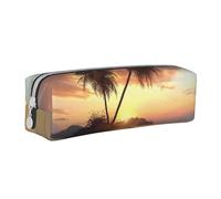 JKSEEPYN Sunrise Tropical Palm Tree Island Printed Leather Zipper Pencil Case,Printed Minimalist Ultra-Thin Design School Pencil Bag Cosmetic Pouch