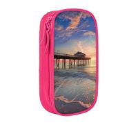 JKSEEPYN Sunset at The Beach Bridge Printed Double-Layer Pencil Case, Pink Large Capacity Cute Pen Pencil Pouch for School, Office, Travel, or Makeup Organizer