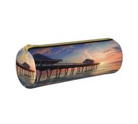 JKSEEPYN Sunset at The Beach Bridge Printed Leather Pencil Case for Students Girls Boys - Round Stationery Organizer Makeup Pouch for School Office Travel