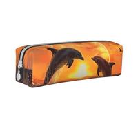 JKSEEPYN Sunset Dolphins Printed Leather Pencil Case for Students Girls Boys - Simple Stationery Organizer Makeup Pouch for School Office Travel