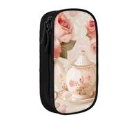 JKSEEPYN Tea Cups with Roses Romantic Shabby Printed Double-Layer Pencil Case, Black Large Capacity Cute Pen Pencil Pouch for School, Office, Travel, or Makeup Organizer