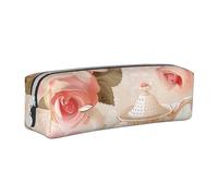 JKSEEPYN Tea Cups with Roses Romantic Shabby Printed Leather Zipper Pencil Case,Printed Minimalist Ultra-Thin Design School Pencil Bag Cosmetic Pouch