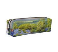 JKSEEPYN Texas Bluebonnets Scenery Printed Leather Pencil Case for Students Girls Boys - Simple Stationery Organizer Makeup Pouch for School Office Travel