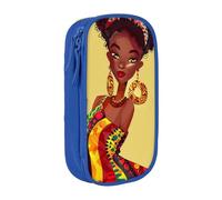 JKSEEPYN Traditional African Girl Painting Printed Double-Layer Pencil Case, Blue Large Capacity Cute Pen Pencil Pouch for School, Office, Travel, or Makeup Organizer