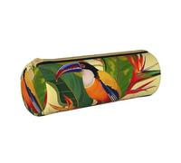 JKSEEPYN Tropical Bird of Paradise Printed Leather Pencil Case for Students Girls Boys - Round Stationery Organizer Makeup Pouch for School Office Travel