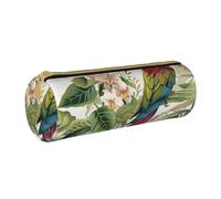 JKSEEPYN Tropical Flower Leaf Parrot Printed Leather Pencil Case for Students Girls Boys - Round Stationery Organizer Makeup Pouch for School Office Travel