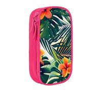 JKSEEPYN Tropical Hawaiian Flower Palm Leaves Printed Double-Layer Pencil Case, Pink Large Capacity Cute Pen Pencil Pouch for School, Office, Travel, or Makeup Organizer