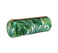 JKSEEPYN Tropical Palm Banana Leaves Printed Leather Pencil Case for Students Girls Boys - Round Stationery Organizer Makeup Pouch for School Office Travel