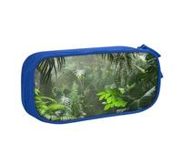 JKSEEPYN Tropical Rainforest Printed Pencil Pen Case Blue Makeup Organizer, Double-Layer Zippered Pouch with Pen Slots and Pockets for Office, Travel, or School