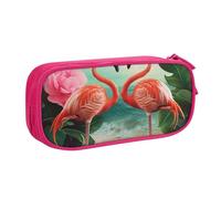 JKSEEPYN Two Flamingos Printed Pencil Pen Case Pink Makeup Organizer, Double-Layer Zippered Pouch with Pen Slots and Pockets for Office, Travel, or School