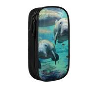 JKSEEPYN West Indian Manatees Printed Double-Layer Pencil Case, Black Large Capacity Cute Pen Pencil Pouch for School, Office, Travel, or Makeup Organizer
