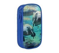 JKSEEPYN West Indian Manatees Printed Double-Layer Pencil Case, Blue Large Capacity Cute Pen Pencil Pouch for School, Office, Travel, or Makeup Organizer