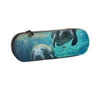 JKSEEPYN West Indian Manatees Printed Hard Shell Leather Pencil Case & Makeup Bag, Stylish Organizer for School, Office, and Travel