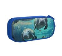 JKSEEPYN West Indian Manatees Printed Pencil Pen Case Blue Makeup Organizer, Double-Layer Zippered Pouch with Pen Slots and Pockets for Office, Travel, or School