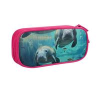 JKSEEPYN West Indian Manatees Printed Pencil Pen Case Pink Makeup Organizer, Double-Layer Zippered Pouch with Pen Slots and Pockets for Office, Travel, or School