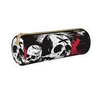 JKSEEPYN White Punk Skull Printed Leather Pencil Case for Students Girls Boys - Round Stationery Organizer Makeup Pouch for School Office Travel