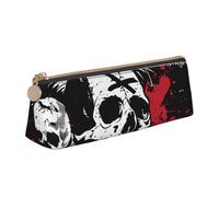 JKSEEPYN White Punk Skull Printed Pencil Case for Students Girls Boys - Triangle PVC Leather Stationery Organizer Makeup Pouch for School Office Travel