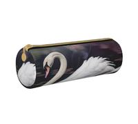 JKSEEPYN White Swan Printed Leather Pencil Case for Students Girls Boys - Round Stationery Organizer Makeup Pouch for School Office Travel
