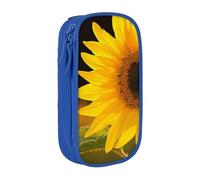 JKSEEPYN Wild Flower Sunflower Printed Double-Layer Pencil Case, Blue Large Capacity Cute Pen Pencil Pouch for School, Office, Travel, or Makeup Organizer