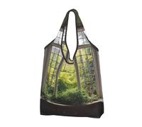 JKSEEPYN Window View Garden Printed Shopping Bags Foldable Reusable Washable Shoulder Grocery Tote Bags Daily Utility bag, 2 PCS