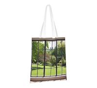 JKSEEPYN Window view lawn Printed Reusable Canvas Tote Bag Shopping Bags Washable Shoulder Grocery Tote Bags Daily Utility bag