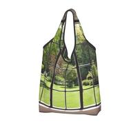 JKSEEPYN Window view lawn Printed Shopping Bags Foldable Reusable Washable Shoulder Grocery Tote Bags Daily Utility bag, 3 PCS