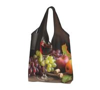 JKSEEPYN Wine Cup and Fruits Printed Shopping Bags Foldable Reusable Washable Shoulder Grocery Tote Bags Daily Utility bag, 3 PCS
