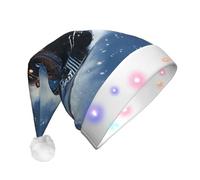 JKSEEPYN Winter Christmas Snow Night Railway Train Printed Adult Plush Christmas Hat LED Light Up Santa Hat for Xmas New Year Party
