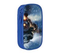 JKSEEPYN Winter Christmas Snow Night Railway Train Printed Double-Layer Pencil Case, Blue Large Capacity Cute Pen Pencil Pouch for School, Office, Travel, or Makeup Organizer
