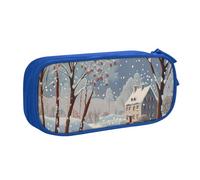 JKSEEPYN Winter Landscape Printed Pencil Pen Case Blue Makeup Organizer, Double-Layer Zippered Pouch with Pen Slots and Pockets for Office, Travel, or School