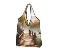JKSEEPYN Wooden Bridge Lake Scene Printed Shopping Bags Foldable Reusable Washable Shoulder Grocery Tote Bags Daily Utility bag, 1 PCS