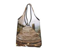 JKSEEPYN Wooden Jetty with Fallen Leaves Printed Shopping Bags Foldable Reusable Washable Shoulder Grocery Tote Bags Daily Utility bag, 1 PCS