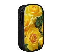 JKSEEPYN Yellow Roses Printed Double-Layer Pencil Case, Black Large Capacity Cute Pen Pencil Pouch for School, Office, Travel, or Makeup Organizer
