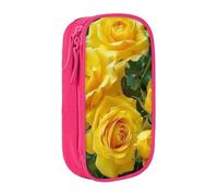 JKSEEPYN Yellow Roses Printed Double-Layer Pencil Case, Pink Large Capacity Cute Pen Pencil Pouch for School, Office, Travel, or Makeup Organizer