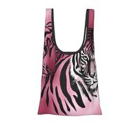 JKSEEPYN Zebra Tiger Leopard pink Printed Foldable Shopping Bags Reusable Water Resistant Shoulder Grocery Tote Bags Daily Utility bag 1PCS