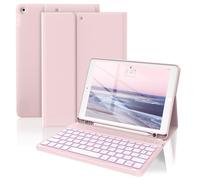 JKSML Keyboard Case for iPad 9th/8th/7th Generation 10.2 Inch 2021/2020/2019, 7 Colors Backlit Wireless Detachable Folio Keyboard Cover Thin & Light with Pencil Holder, Auto Wake Sleep (Pink)
